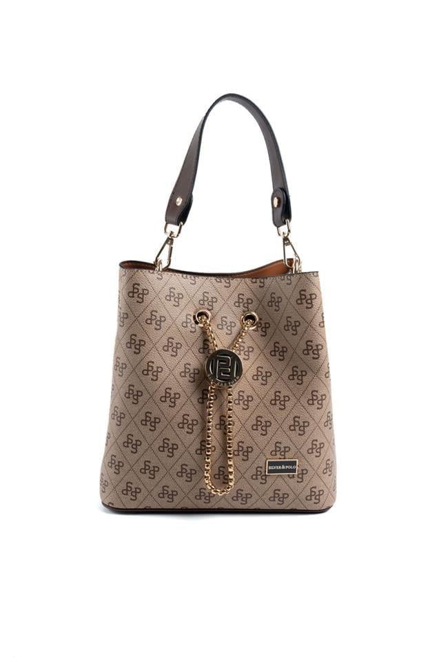 Silver & Polo SP967 Kadın Çapraz Çanta Monogram Koyubej-Kahve