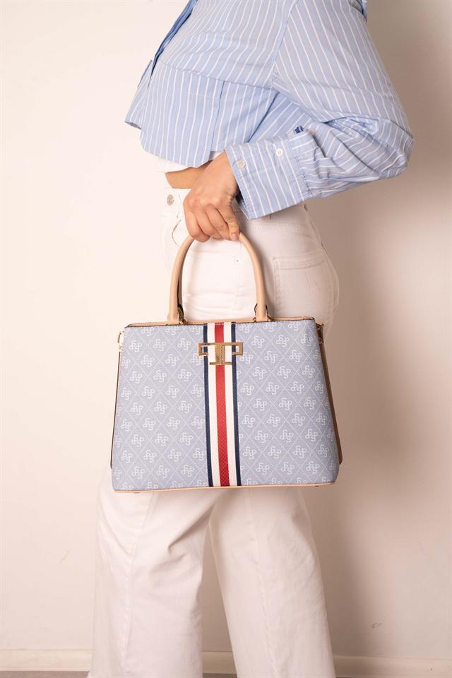 Silver & Polo SP924 Kadın El Çantası Şeritli Monogram Mavi-Ten
