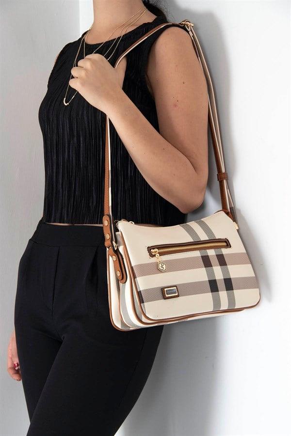 Silver & Polo SP818 Kadın Çapraz Çanta Ekose Krem-Taba