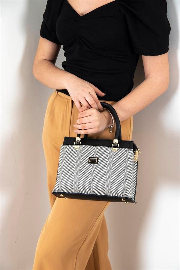 Silver & Polo SP826 Kadın El Çantası Hasır Siyah Beyaz-Siyah