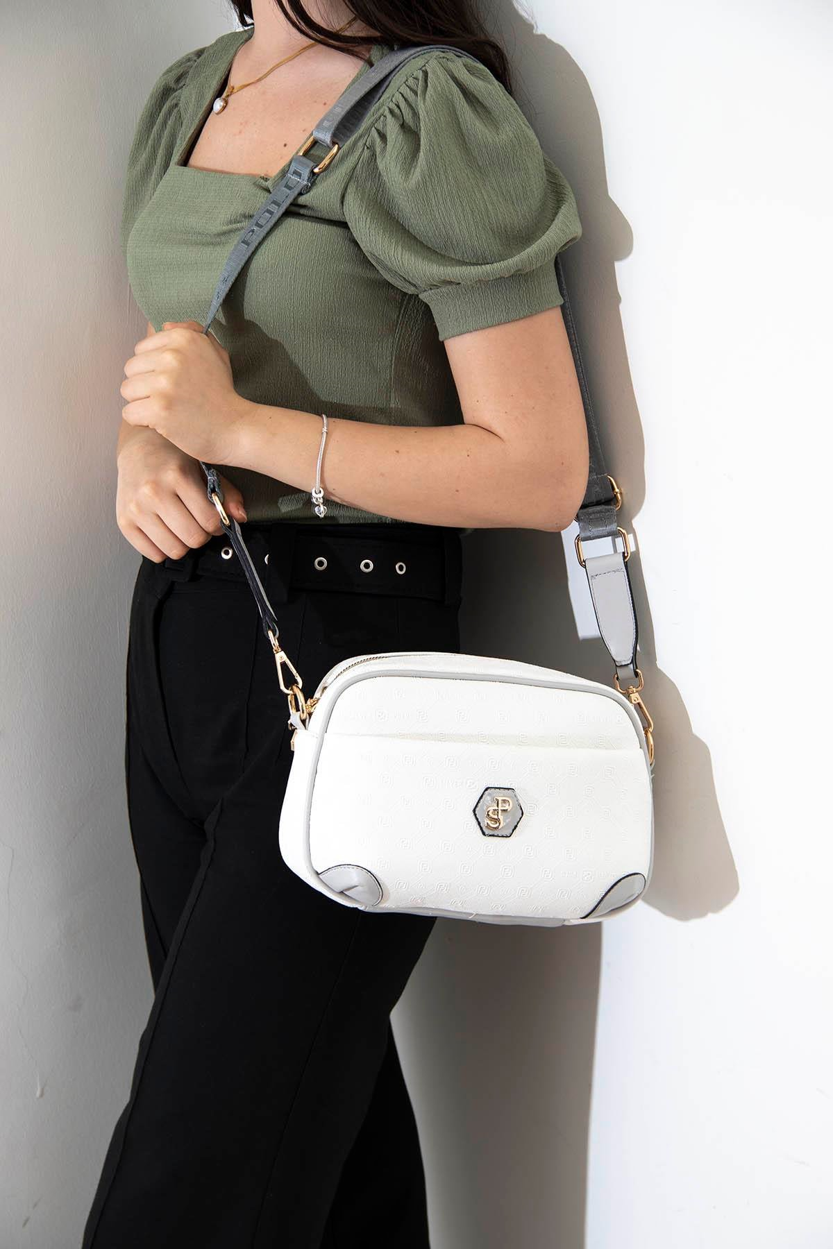 Silver & Polo SP1094 Kadın Çapraz Çanta Logolu Beyaz-A.Gri