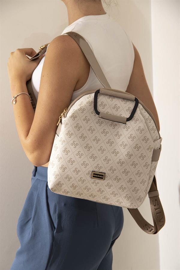Silver & Polo SP771 Kadın Sırt Çantası Monogram Bej-Kum