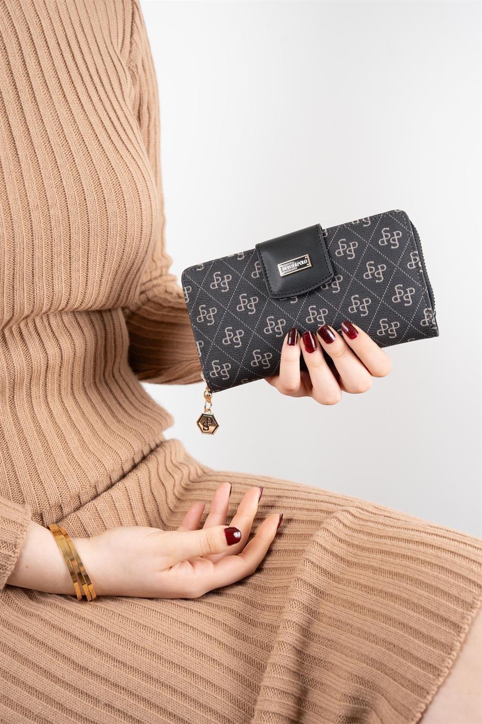 Silver & Polo SP928 Kadın Cüzdan & Kartlık Monogram Füme-Siyah