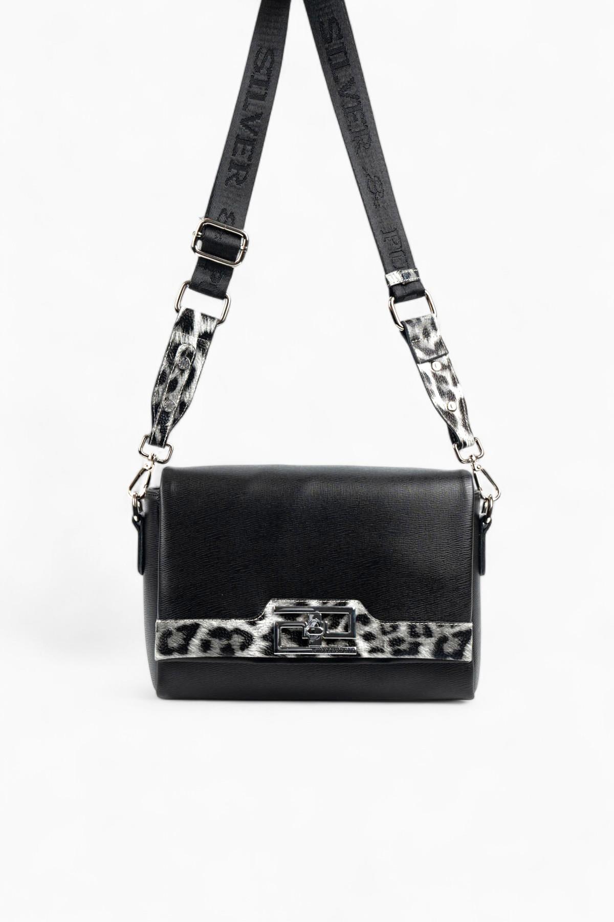 Silver & Polo SP1257 Kadın Çapraz Çanta Düz Siyah-Leopar Gri