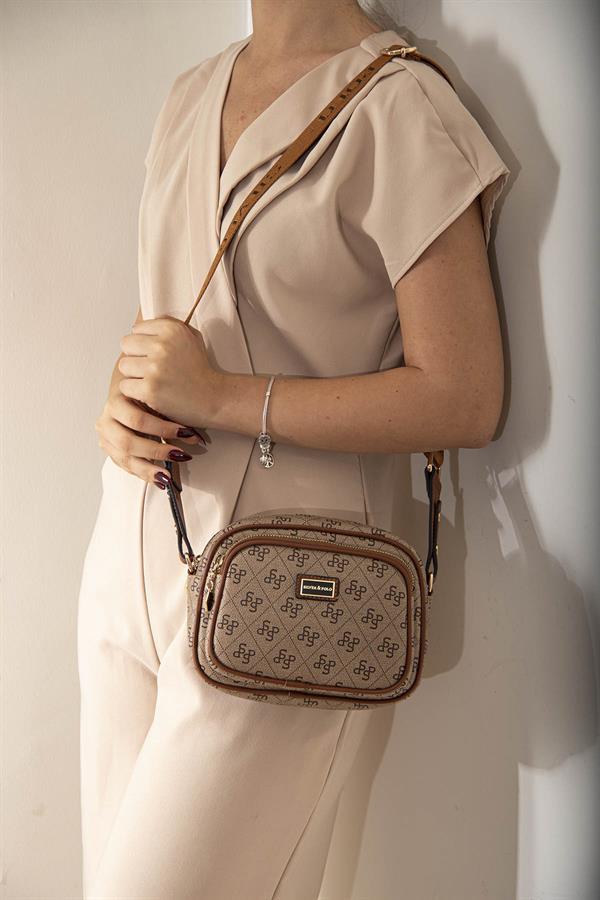 Silver & Polo SP1111 Kadın Çapraz Çanta Monogram Koyu Bej-Taba
