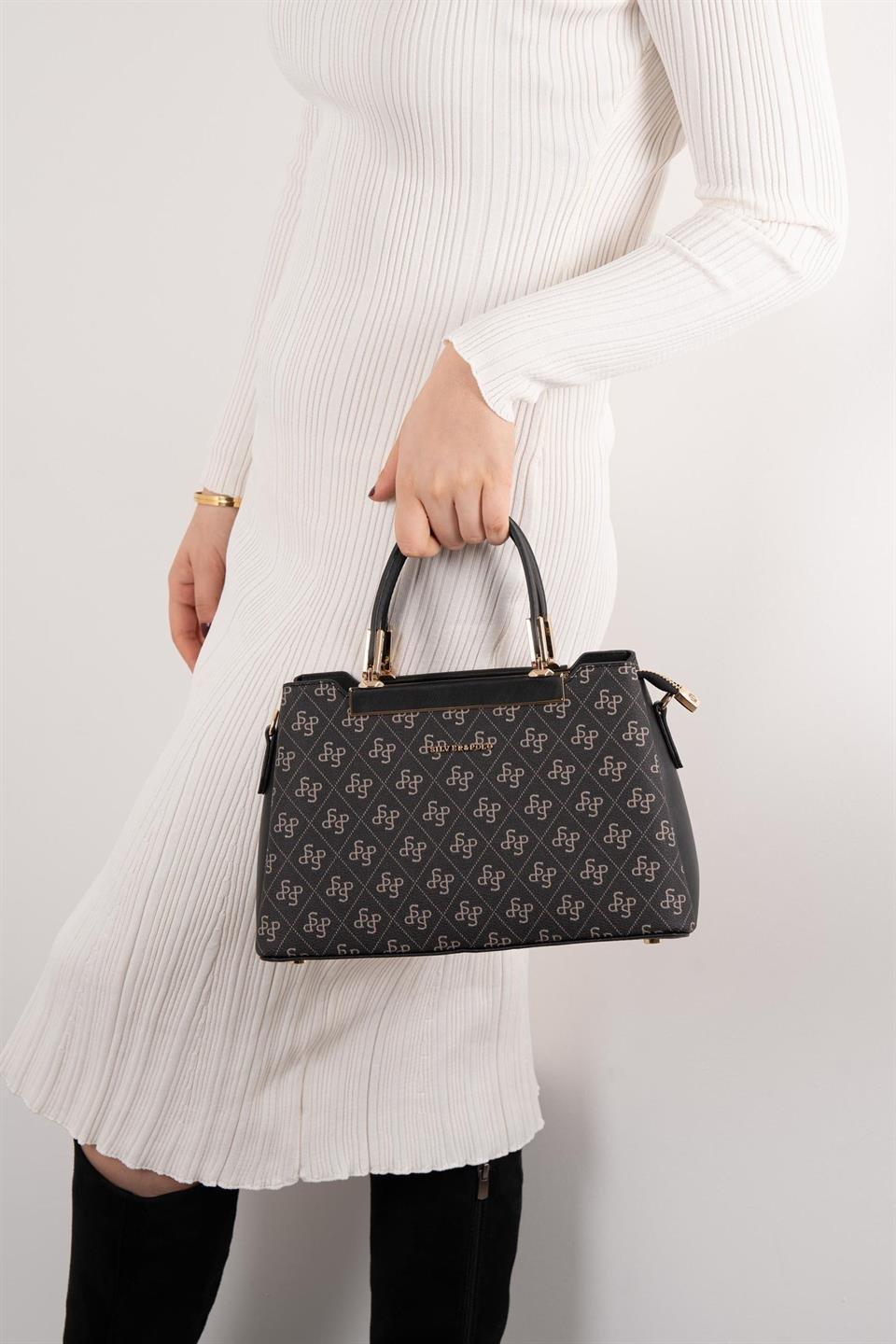 Silver & Polo SP913 Kadın El Çantası Monogram Füme-Siyah