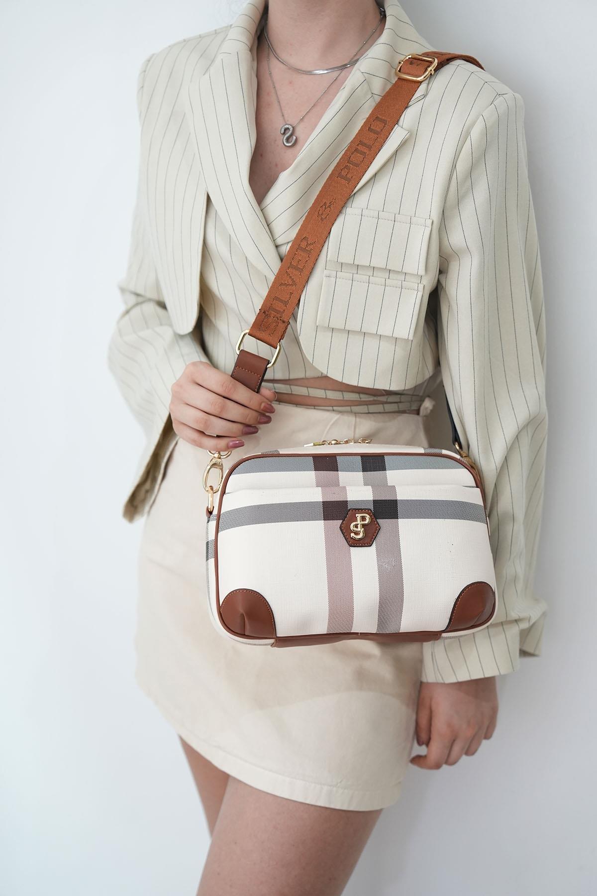 Silver & Polo SP1094 Kadın Çapraz Çanta Ekose Krem-Taba