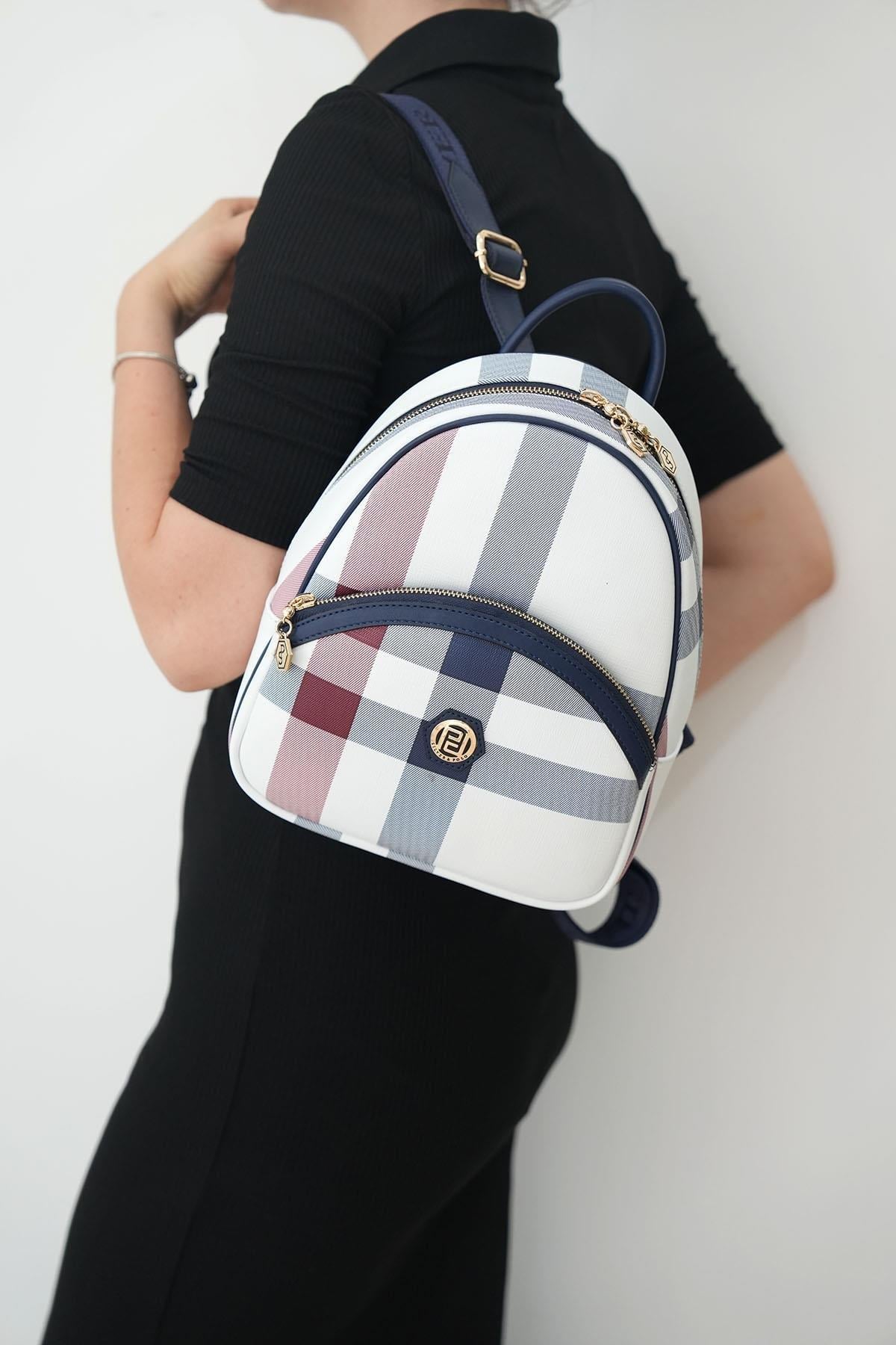 Silver & Polo SP945 Kadın Sırt Çantası Ekose Beyaz-Lacivert
