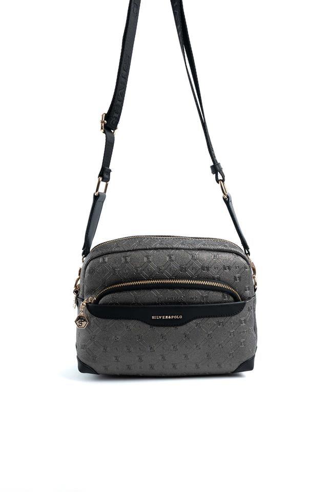 Silver & Polo SP1201 Kadın Çapraz Çanta Logolu Platin-Siyah