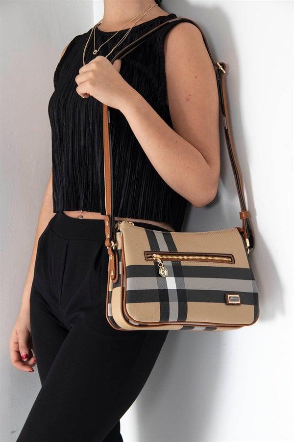 Silver & Polo SP818 Kadın Çapraz Çanta Ekose Bej-Taba