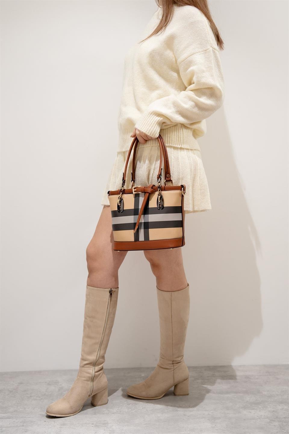 Silver & Polo SP1155 Kadın El Çantası Ekose Bej-Taba