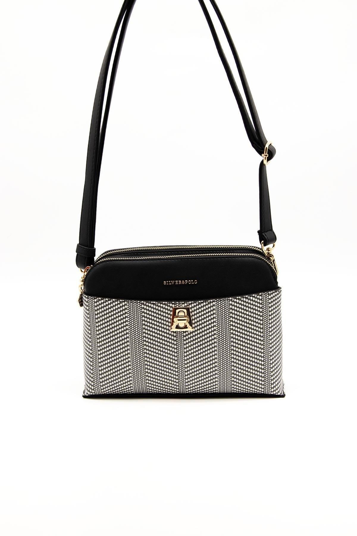 Silver & Polo SP623 Kadın Çapraz Çanta Hasır Siyah Beyaz-Siyah