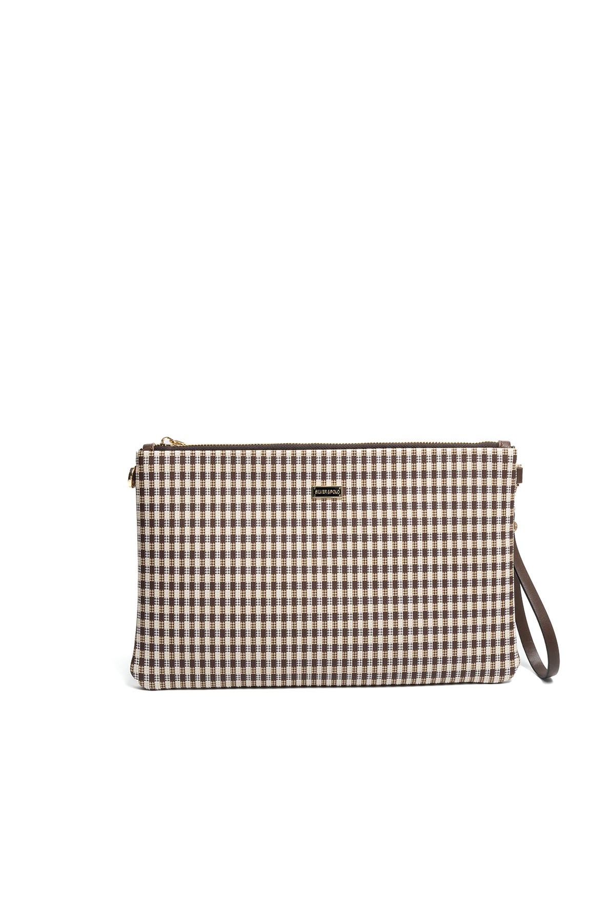 Silver & Polo SP1034 Kadın Portföy & Clutch Ekose Line Kare Kahve Sarı-Kahve