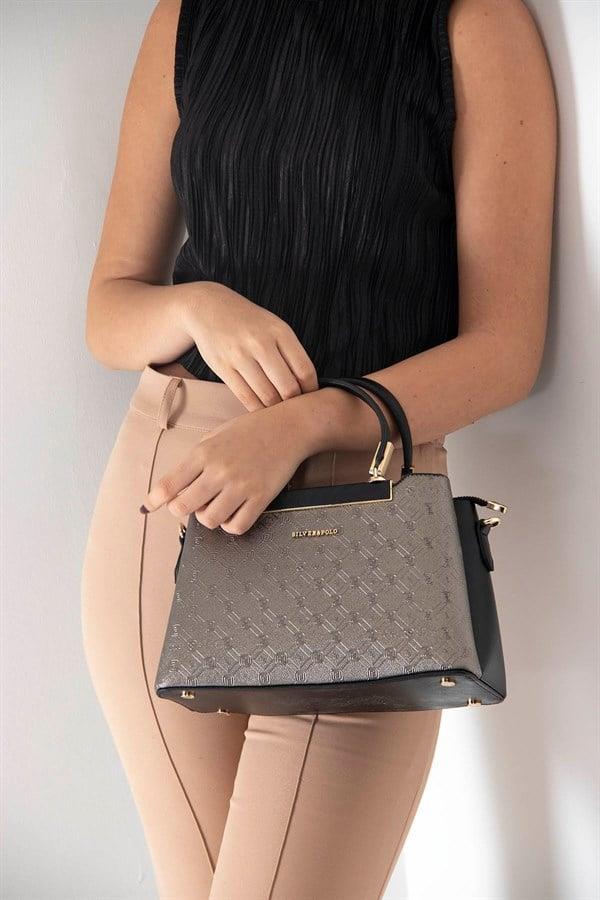 Silver & Polo SP913 Kadın El Çantası Logolu Platin-Siyah
