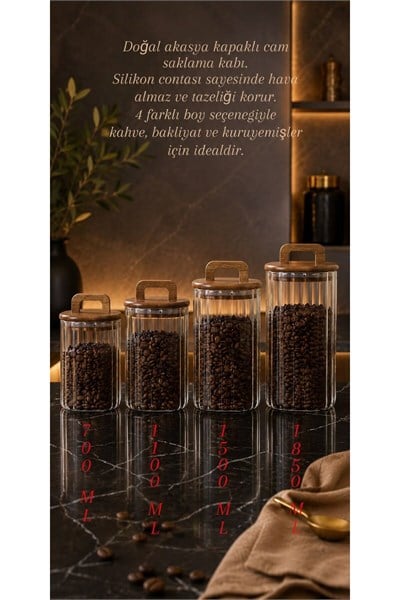 4 Boy Akasya Kapaklı Kavanoz Seti - 700 ml-1100 ml-1500 ml-1850 ml - Kavanoz Seti Saklama Kabı