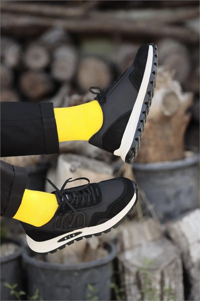 Admire Model Kombinasyonlu Deri İthal Taban Sneaker Ayakkabı - SİYAH