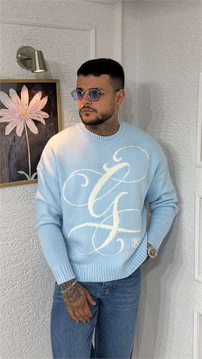 Bebe Mavisi Kaligrafi Desenli Erkek Örme Kazak