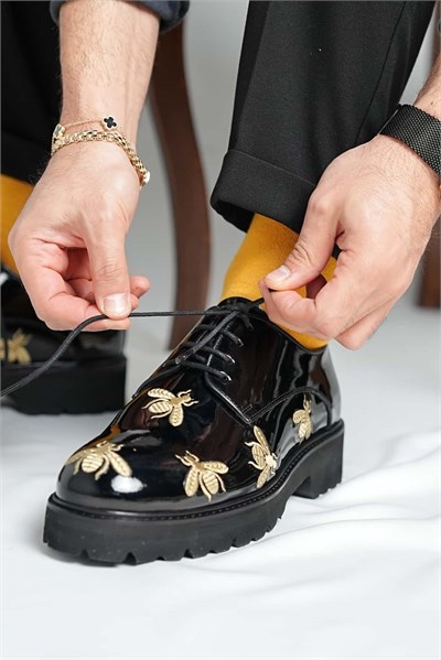 Bee Model Hakiki Natural Deri Nakışlı Eva Taban Casual Ayakkabı - SİYAH