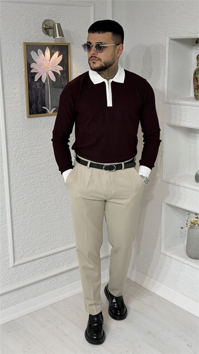 Bordo Beyaz Yaka Detaylı Fermuarlı Slim Fit Erkek Triko Kazak