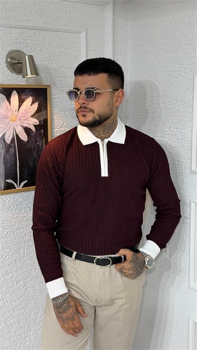 Bordo Beyaz Yaka Detaylı Fermuarlı Slim Fit Erkek Triko Kazak