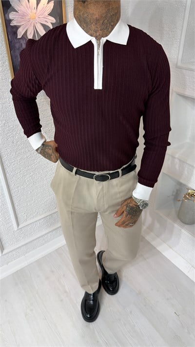 Bordo Beyaz Yaka Detaylı Fermuarlı Slim Fit Erkek Triko Kazak