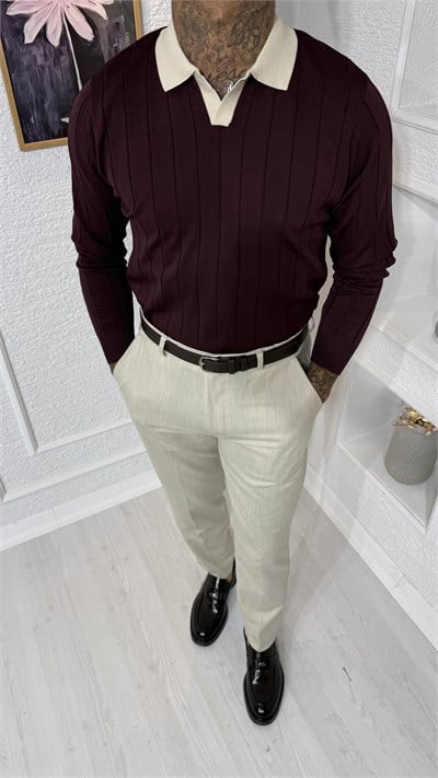 Bordo Kontrast Biyeli Uzun Kollu Triko Polo Yaka