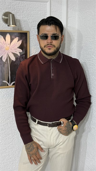Bordo Kontrast Biyeli Uzun Kollu Triko Polo Yaka