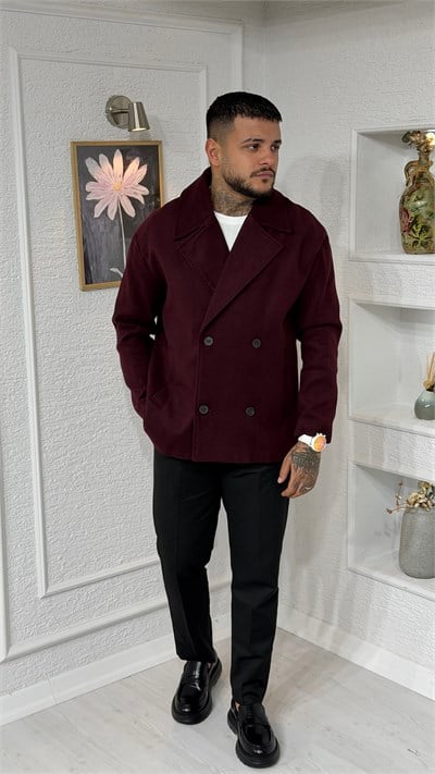 Bordo Oversize Kruvaze Kaşe Ceket