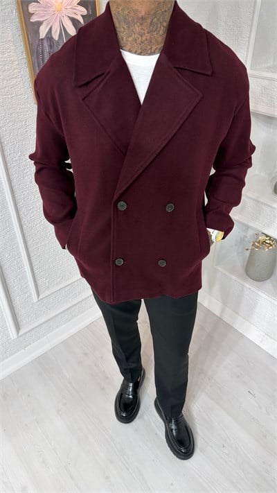 Bordo Oversize Kruvaze Kaşe Ceket