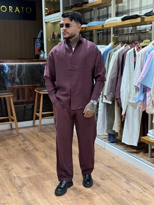 Bordo Uzun Kollu Gömlek ve Rahat Kesim Pantolon Erkek Takım