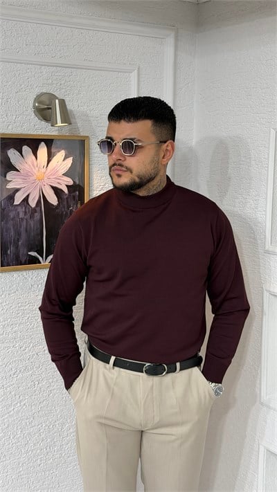 Bordo Yarım Boğazlı Slim Fit Erkek Triko Kazak