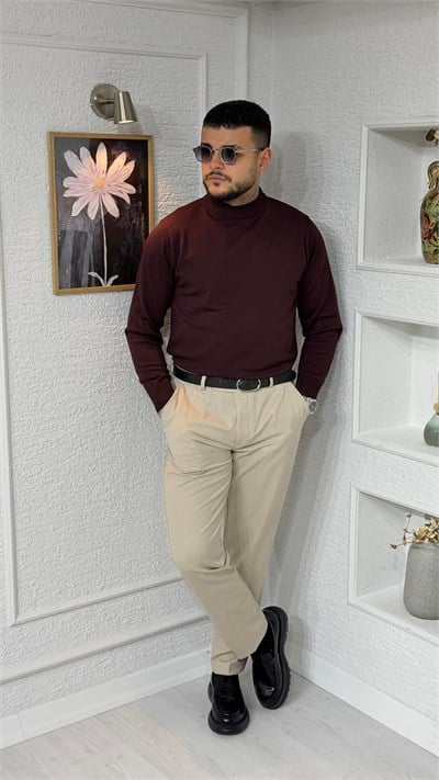 Bordo Yarım Boğazlı Slim Fit Erkek Triko Kazak