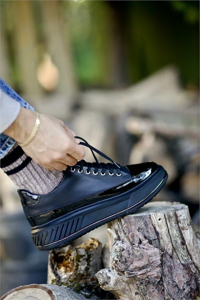 Caddya Model Hakiki Kombinasyonlu Deri İthal Taban Sneaker Ayakkabı - SİYAH
