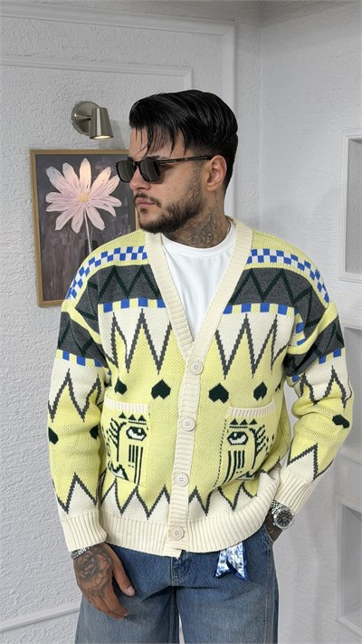 Desenli Oversize Triko Örgü Hırka – Sarı/Krem