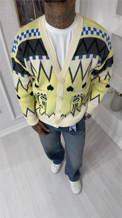 Desenli Oversize Triko Örgü Hırka – Sarı/Krem