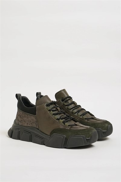 Diamond Model Hakiki Kombinasyonlu Deri İthal Taban Sneaker Ayakkabı - HAKİ