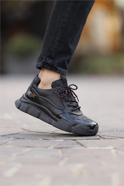 Diamond Model Hakiki Kombinasyonlu Deri İthal Taban Sneaker Ayakkabı - SİYAH
