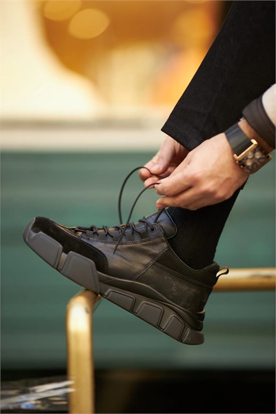 Diamond Model Hakiki Kombinasyonlu Deri İthal Taban Sneaker Ayakkabı - SİYAH TABAN