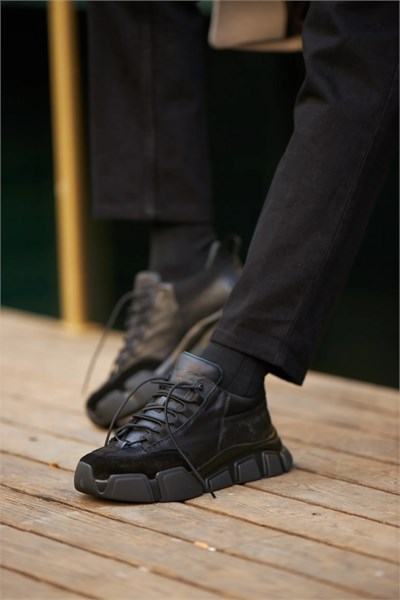 Diamond Model Hakiki Kombinasyonlu Deri İthal Taban Sneaker Ayakkabı - SİYAH TABAN