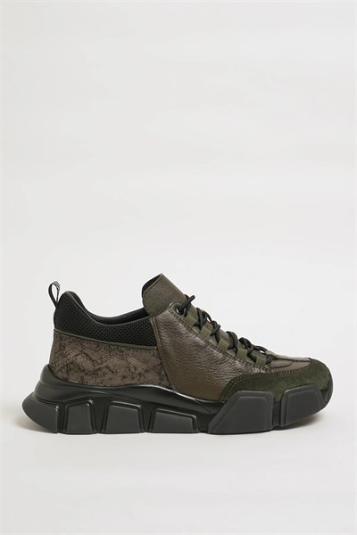 Diamond Model Hakiki Kombinasyonlu Deri İthal Taban Sneaker Ayakkabı - HAKİ