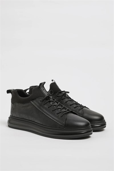 Diego Model Hakiki Kombinasyonlu Deri İthal Taban Sneaker Ayakkabı - SİYAH