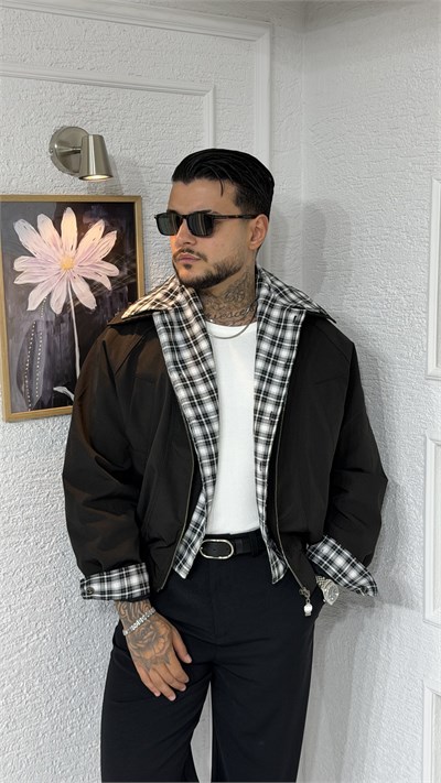 Ekose Detaylı Sihyah Bomber Ceket