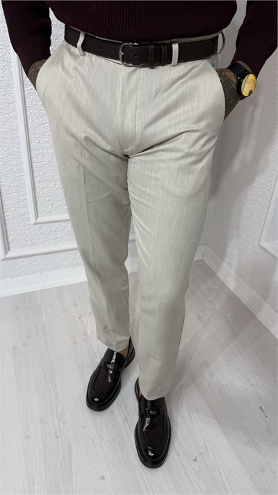 Ekru Dokulu Slim Fit Kumaş Pantolon