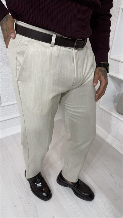 Ekru Dokulu Slim Fit Kumaş Pantolon