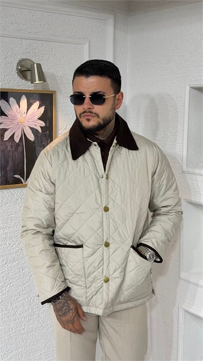 Ekru Kapitone Desenli Kadife Yaka Çıtçıtlı Erkek Mont
