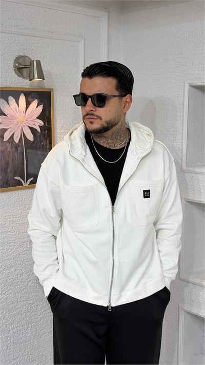 Ekru Kapüşonlu Çift Cepli Fermuarlı Erkek Sweat Ceket