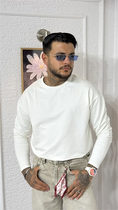 Erkek Beyaz Oversize Bisiklet Yaka Uzun Kollu Sweatshirt