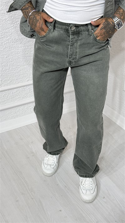 Erkek Haki Yıkamalı Denim Ceket Pantolon Takım