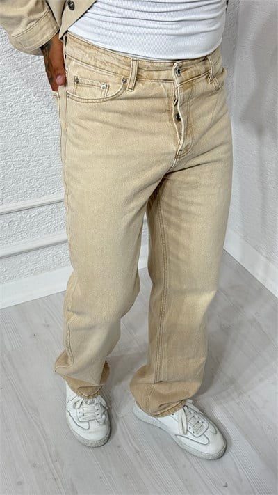Erkek Krem Yıkamalı Denim Ceket Pantolon Takım