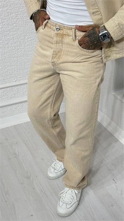 Erkek Krem Yıkamalı Denim Ceket Pantolon Takım